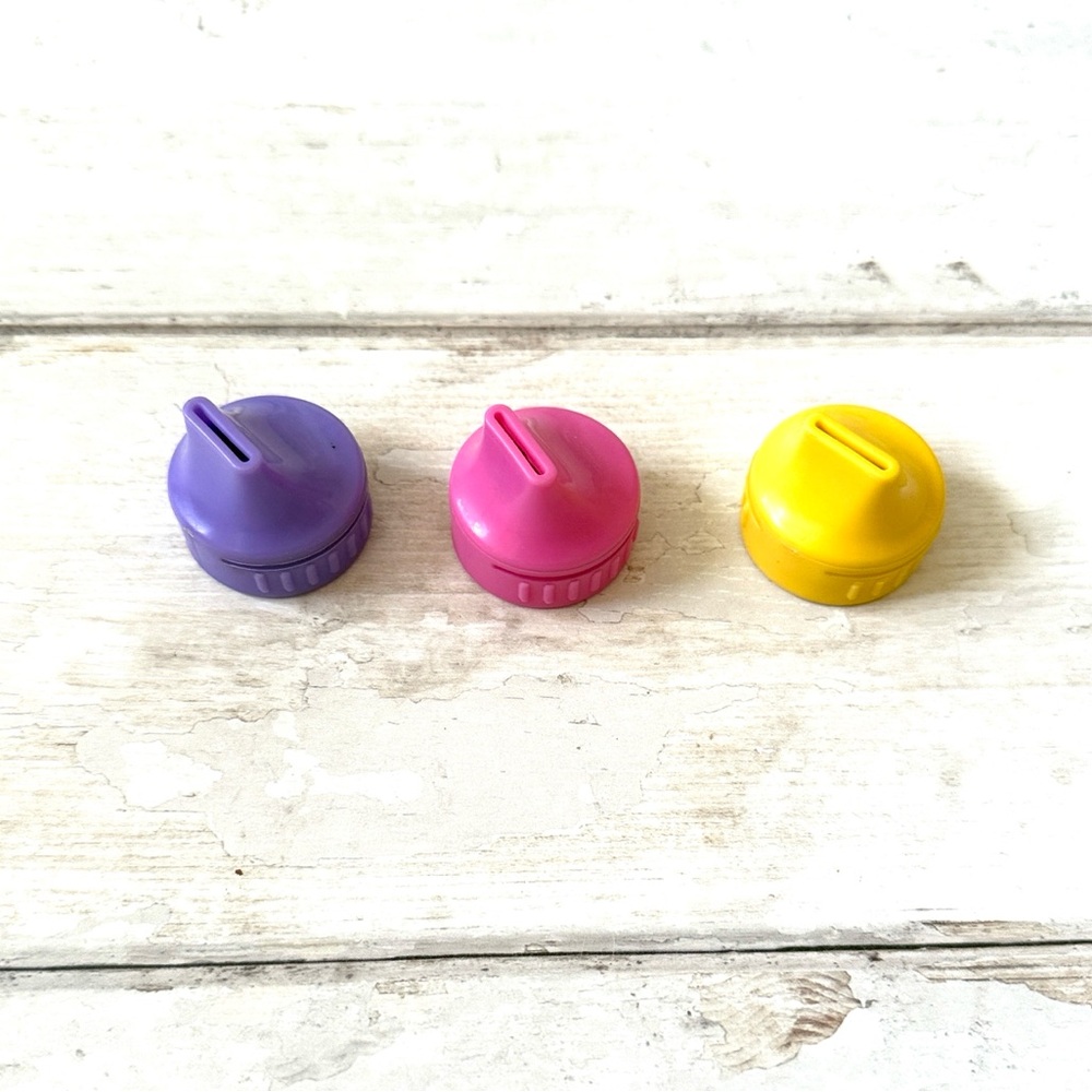 Tupperware Soda Caps Set of 3 Purple Pink Yellow Fits Most Screw Lid Bottles